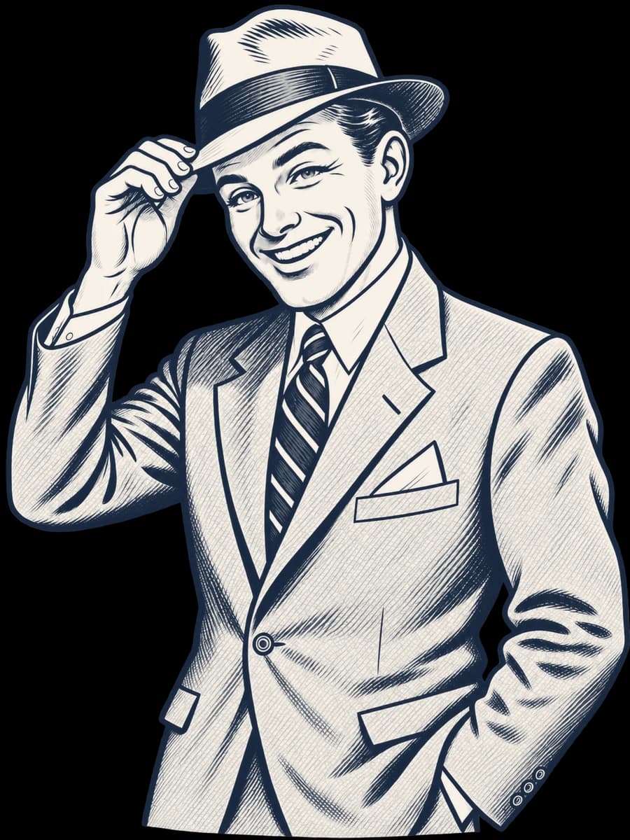 Illustration of a smartly dressed gentleman tipping his fedora in greeting